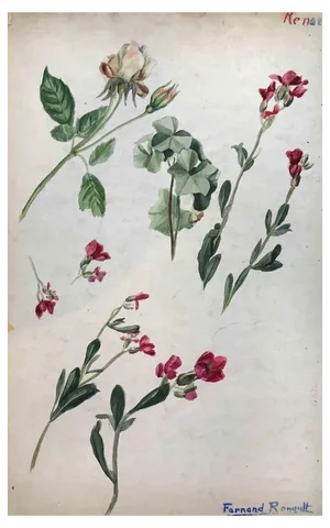 Albert Fernand-Renault, Flowers, Watercolor & Ink, 1950s