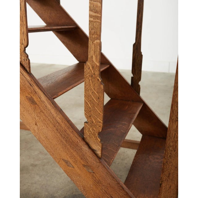 Brown English Arts and Crafts Period Oak Library Step Staircase For Sale - Image 8 of 12