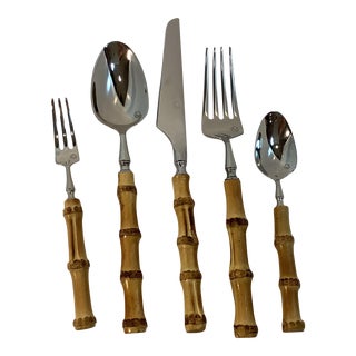 Vintage Bamboo & 18/10 High Quality Stainless Steel Flatware - 5 Piece Set For Sale