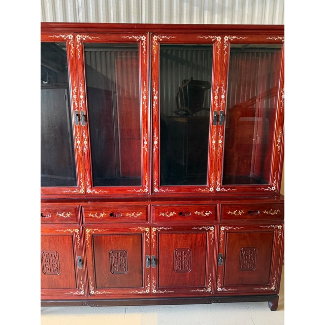 Vintage Chinese Rosewood Mother-of-Pearl Inlaid China Cabinet – 2 Pieces For Sale - Image 13 of 18