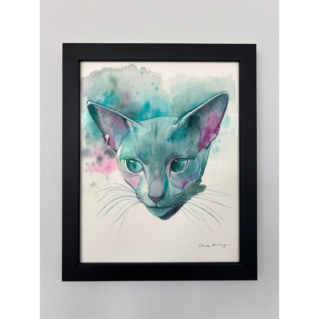 Steely Sweetheart by Chris Hong | Watercolour on paper of a blue-grey cat's face For Sale