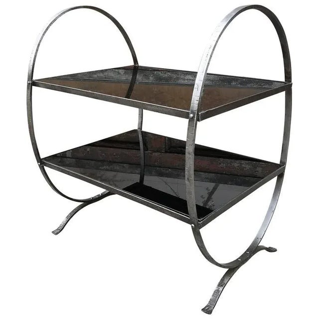 1930s Art Deco Etched Steel and Ebony Glass Two-Tier Side Table For Sale - Image 9 of 9