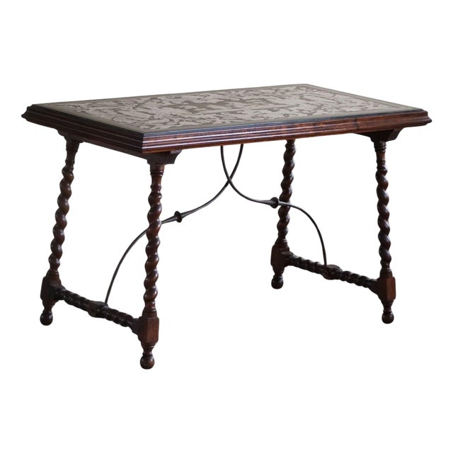 Antique Italian Center / Desk Table in Walnut & Marble, Naples, 19th Century For Sale