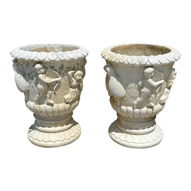 Vintage Pair of Neoclassical Cast Stone Bacchanalian Garden Urns For Sale