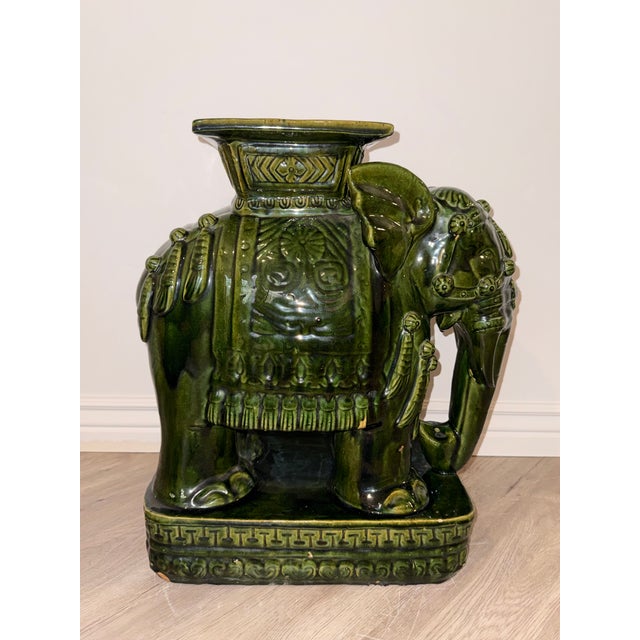 Hollywood Regency Emerald Green Ceramic Elephant Plant Stands – Pair For Sale - Image 9 of 17
