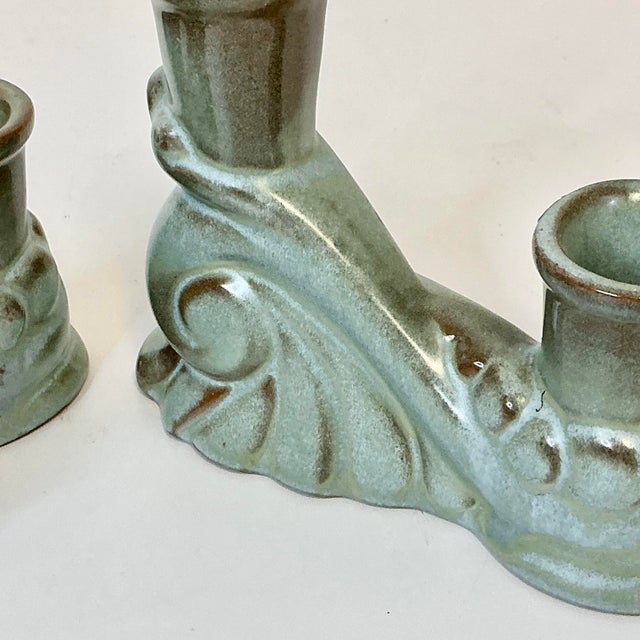 1950s Vintage Boho Chic Americana Arts & Crafts Frankoma Pottery Double Arm Candlestick Holders - A Pair For Sale - Image 17 of 18