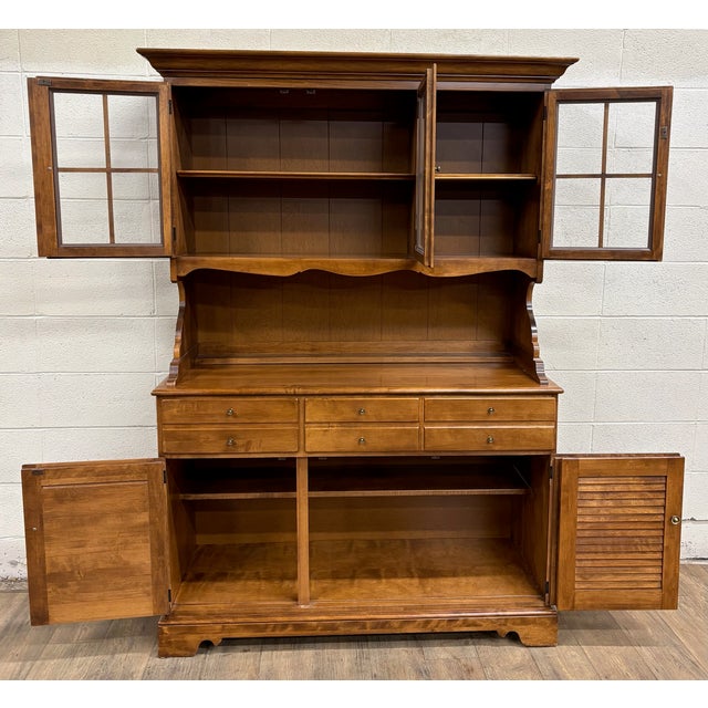 This is a gorgeous vintage Ethan Allen Heirloom Nutmeg Maple Custom Room Plan CRP 48” Shutter cabinet and hutch, bottom...