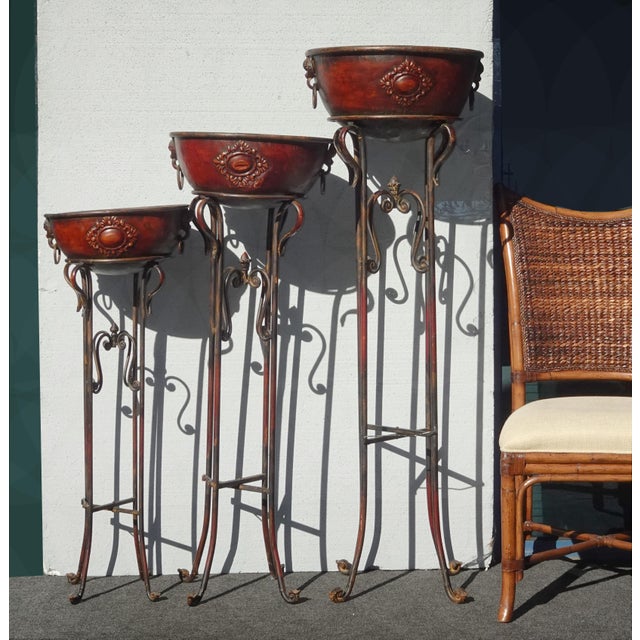 Metal 54" Tall Vintage Set of Three Brown Metal Planters Plant Stands With Bowl Trays For Sale - Image 7 of 7
