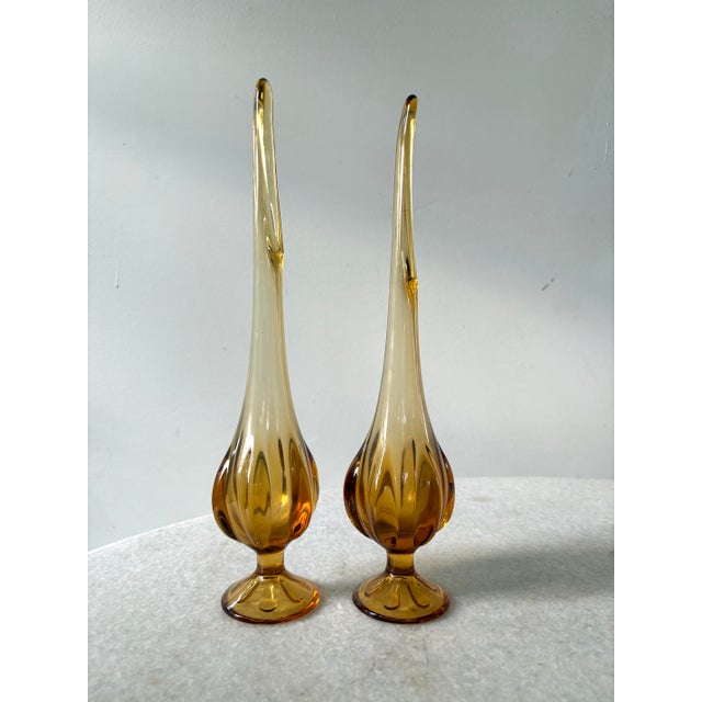 Mid-Century Modern Pair Viking Swung Vases, Amber Color Glass For Sale - Image 3 of 5