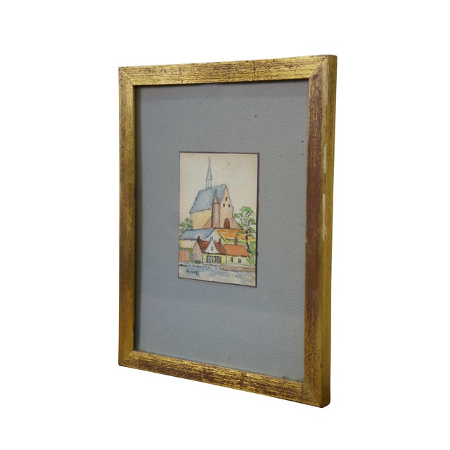 Vintage 20th century Helen McRae landscape / cityscape watercolor painting on paper depicting a view of a large church...