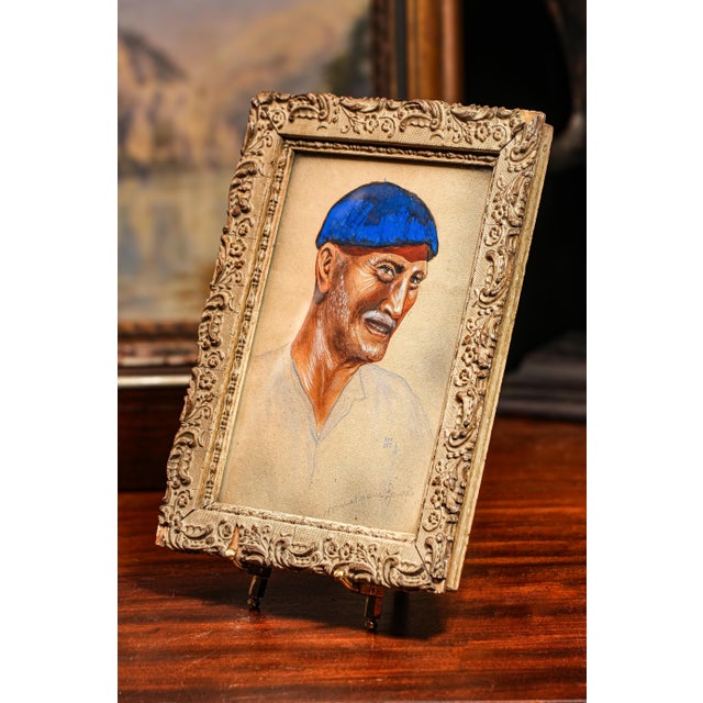 French Colorful Antique French Gouache Portrait Painting of Man With Ornate Frame For Sale - Image 3 of 13