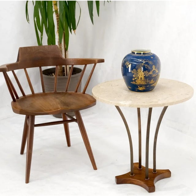 1970s Round Marble Top Brass & Walnut Lamp Side Table For Sale - Image 9 of 13