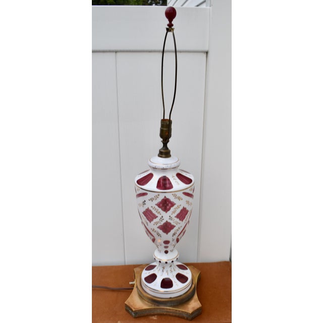 Cranberry Glass and Brass Lamp Vintage Table Bohemian Czech Hand Painted For Sale - Image 11 of 18
