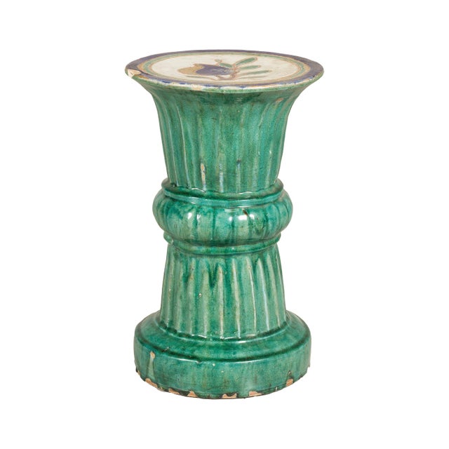 Antique Annamese Green Glazed Ceramic Pedestal with Floral Medallion For Sale - Image 4 of 12