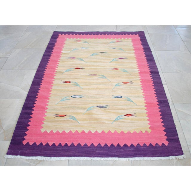 Turkish Silk Rug Kilim Hand Woven Tulips Motif Oushak Area Rug - 3′11″ × 5′7″ For Sale - Image 6 of 17