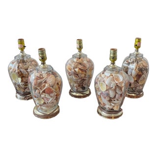 Vintage Coastal Glass Ginger Jar Shell Lamps - Five Available For Sale