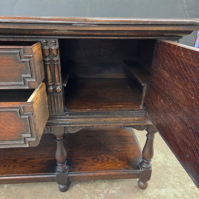 Wood Antique English Carved Oak Sideboard With Intricate Geometric Carvings and Brass Hardware For Sale - Image 7 of 18