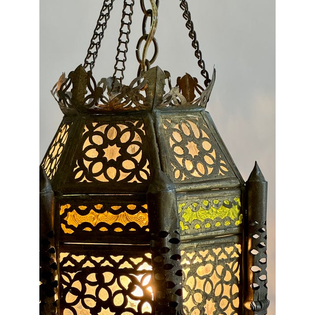 Metal Mid 20th Century Moroccan Pierced Brass Hanging Lantern For Sale - Image 7 of 10