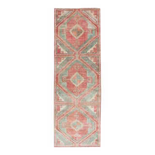 Vintage Turkish Oushak Runner With Coral Red, Soft Teal, and Warm Beige For Sale