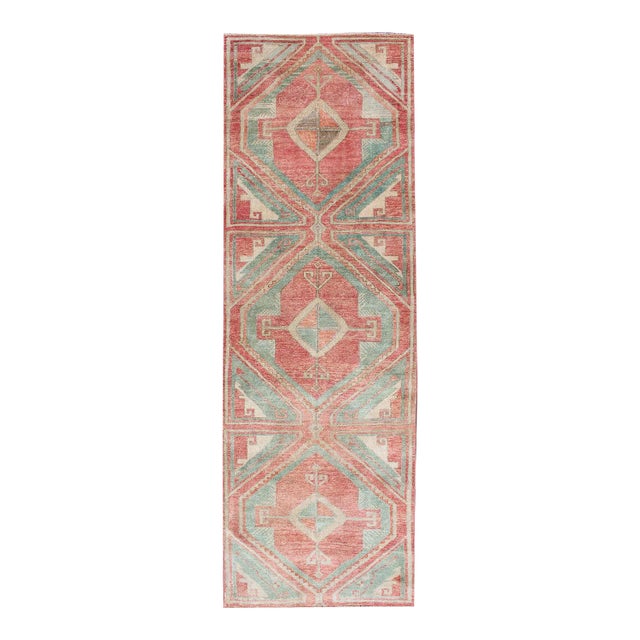 Vintage Turkish Oushak Runner With Coral Red, Soft Teal, and Warm Beige For Sale
