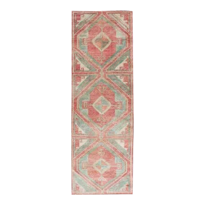 Vintage Turkish Oushak Runner With Coral Red, Soft Teal, and Warm Beige