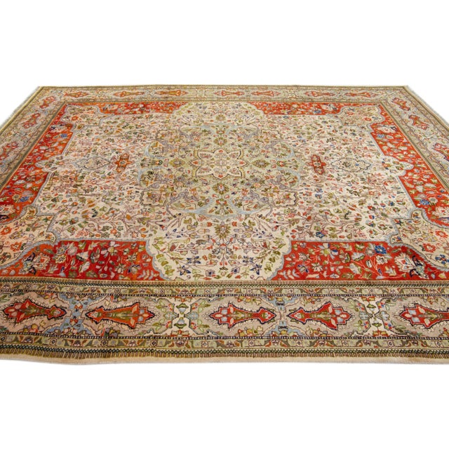 1960s 1960s Vintage Persian Tabriz Beige Handmade All-Over Medallion Wool Rug For Sale - Image 5 of 7