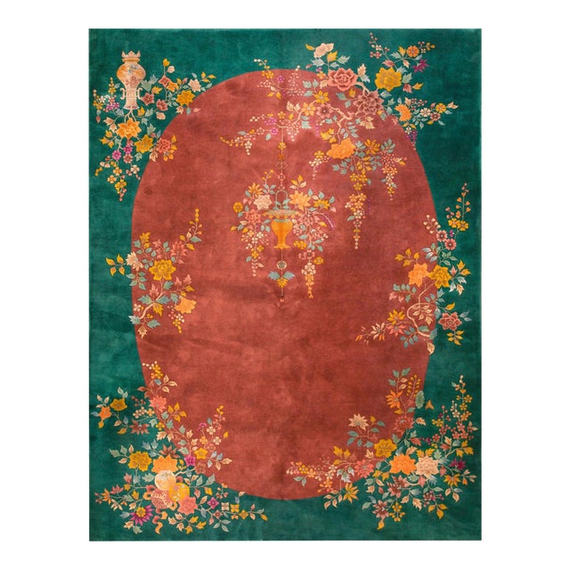 1920s Orange Floral Modern Antique Chinese Art Deco Rug 9' X 11'9" Handknotted Wool Carpet For Sale