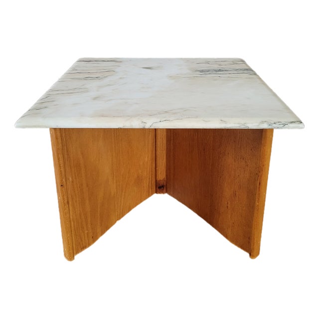 1970s Oak and Calcatta Marble Coffee Side Table, in Manner of Frank Lloyd Wright For Sale