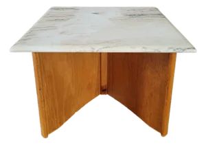 1970s Oak and Calcatta Marble Coffee Side Table, in Manner of Frank Lloyd Wright