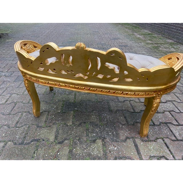 French Late 20th Century French Louis XVI Gold Beech Settee Tan Velvet For Sale - Image 3 of 11