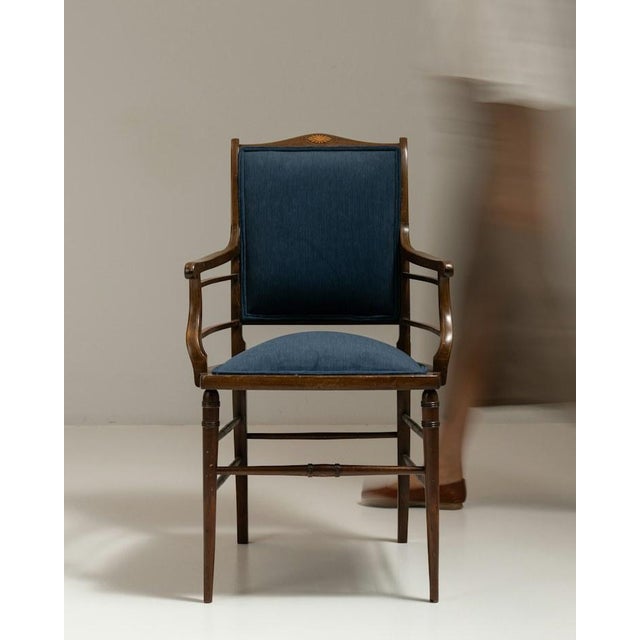 English 19th Century English Dark Wood Armchair With Navy Upholstery, Sunburst Inlay and Turned Legs For Sale - Image 3 of 16