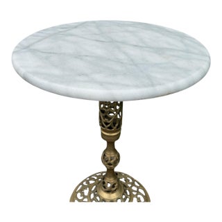 Vintage Hollywood Regency Round Blue Marble Top Brass Pedestal Side Table For Sale