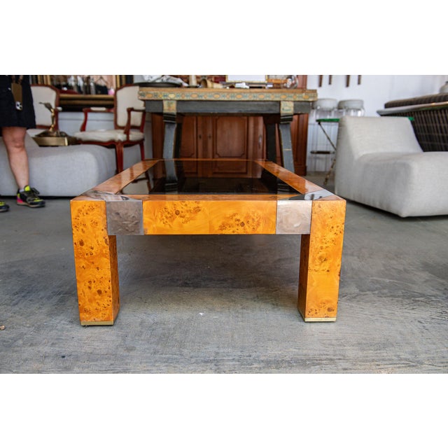 1970s Burl & Smoke Glass Coffee Table With Chrome Trim in the Style of Milo Baughman For Sale - Image 13 of 18