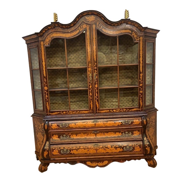 Antique Dutch Marquetry Vitrine Cabinet/Display Hutch For Sale