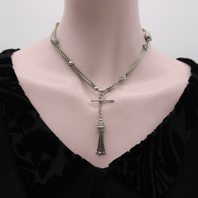 Victorian Early 20th Century Sterling Silver Victorian Albertina Watch Chain or Bracelet With Heart For Sale - Image 3 of 8