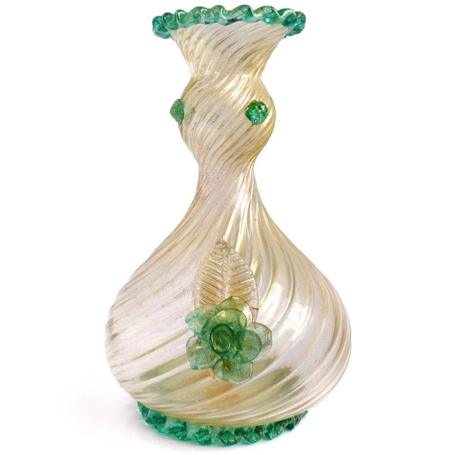 Gorgeous and large, early Murano hand blown gold flecks and green accents Italian art glass flower vase. Documented to the...