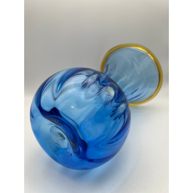 Glass Vintage Blenko Hand-Blown Cobalt Blue Art Glass Vase With Amber Rim, Mid-Century Modern For Sale - Image 7 of 10