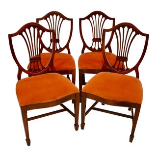 Mid 20th Century Vintage Mahogany Shield Back Dining Chairs With Persimmon Velvet Upholstery - Set of 4 For Sale