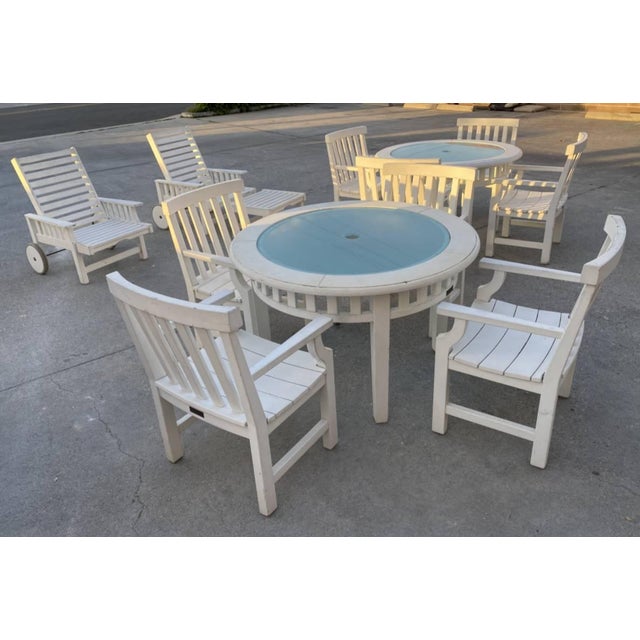 Offered is a 13 piece Weatherend "Signature Slatted" outdoor furniture set. Maker: Weatherend (W). Origin: Rockland, ME,...