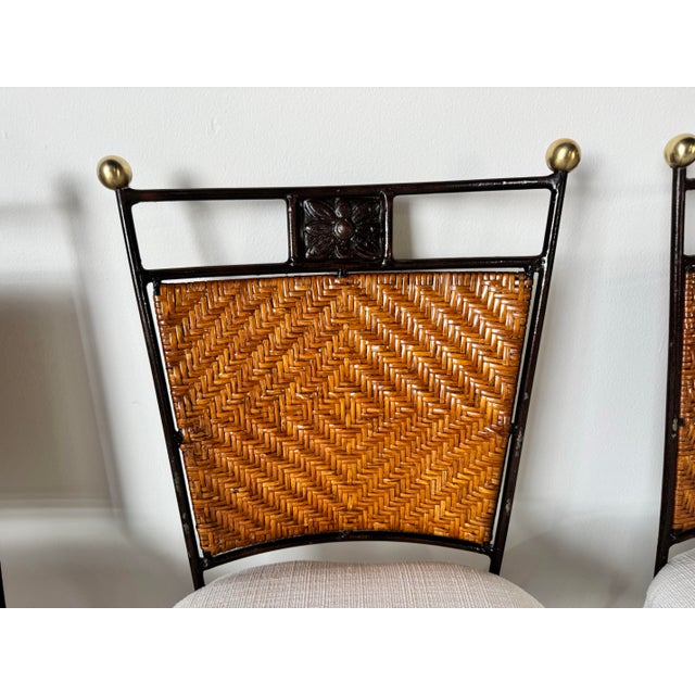 Vintage Wrought Iron and Rattan Dining Chairs With Brass Ball Finials – Set of 4 For Sale - Image 9 of 12
