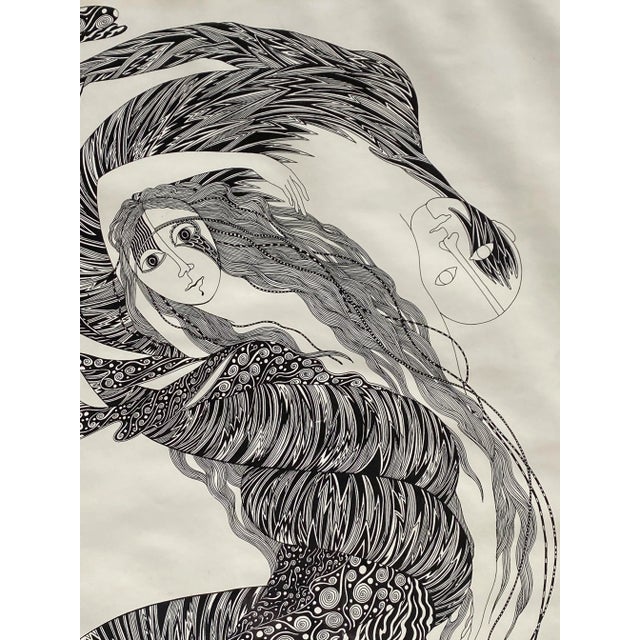 Hand Inked on Paper Surrealist Female Portrait Drawing Signed Ken Kreel 1989 For Sale - Image 4 of 6