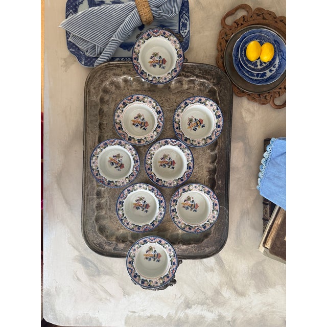 A beautiful set of eight antique English small bowls by Wood and Sons, featuring classic blue and red transferware...