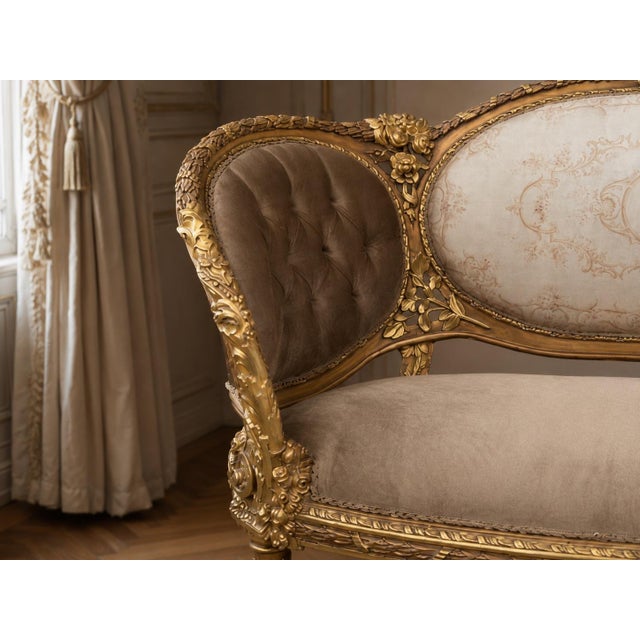 1900 French Louis XVI Gilt Beech Velvet Settee - 1 Pc For Sale - Image 4 of 11