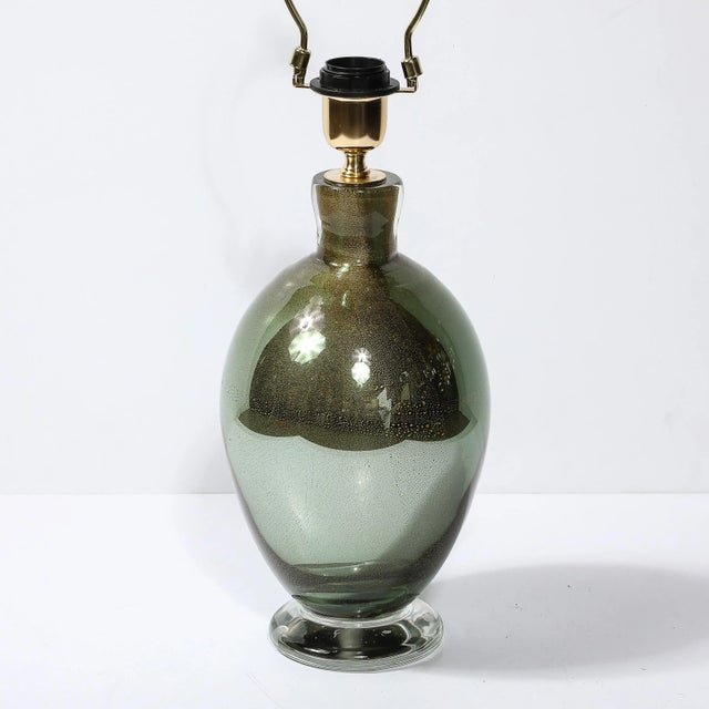 Modernist Hand-Blown Murano Smoked Emerald Glass Table Lamps W/ 24k Gold Flecks For Sale - Image 10 of 12