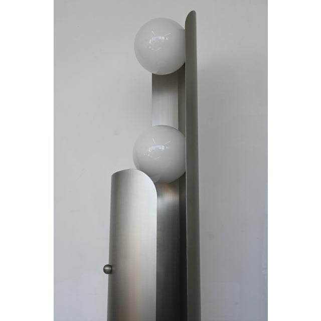 Metal 1970s Postmodern Tall Bruched Stainless Steel Metal Double Glass Globe Floor Lamp - a Pair For Sale - Image 7 of 9