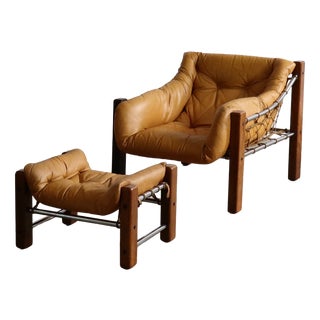 Amazonas Lounge Chair with Ottoman in Cognac Leather by Jean Gillon Brazil 1960s For Sale