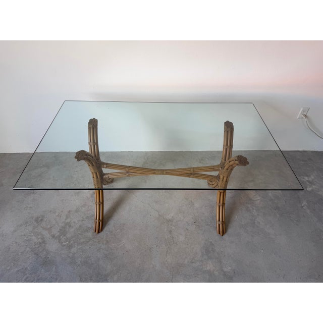 Wood Vintage Coastal Organic McGuire - Style Rattan and Leather Dining Table With Glass Top For Sale - Image 7 of 12