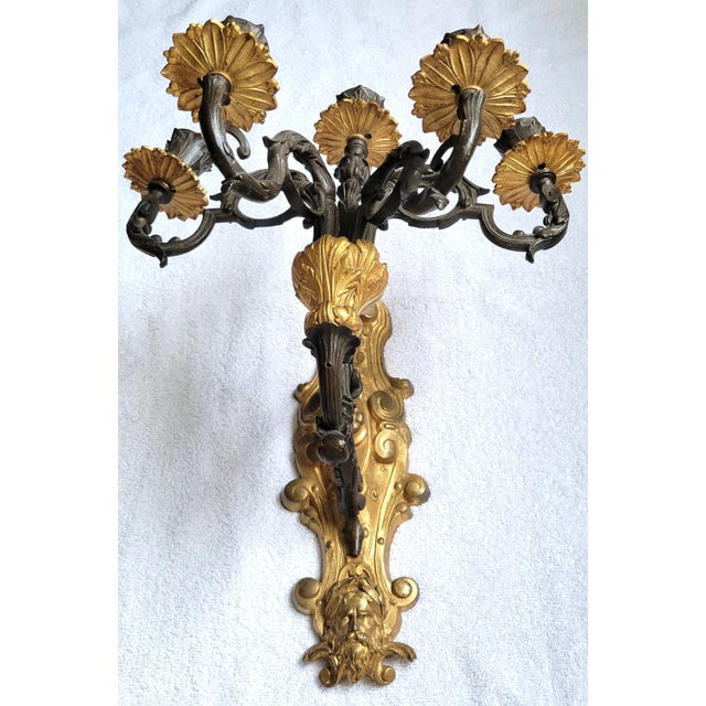 Late 19th Century Antique 19thc French Empire Gilt & Patinated Bronze 5 Light Candelabra Wall Sconce - Male Mask For Sale - Image 5 of 15