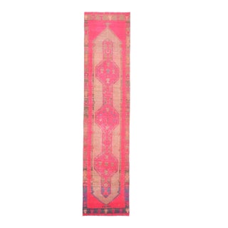 1970s Vintage Turkish Oushak Handmade Wool Cotton Pink Runner Rug For Sale