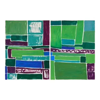 "Squares / Green Purple" Large Abstract Painting by Simon Findlay - Set of 2 For Sale